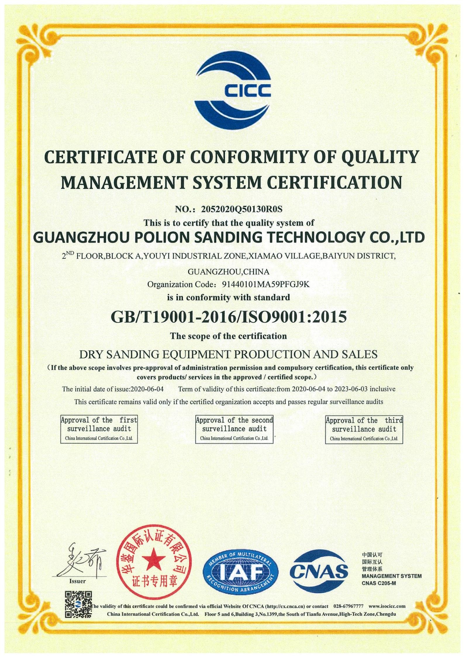 China Polion Sanding Technology Co., LTD Certificaciones